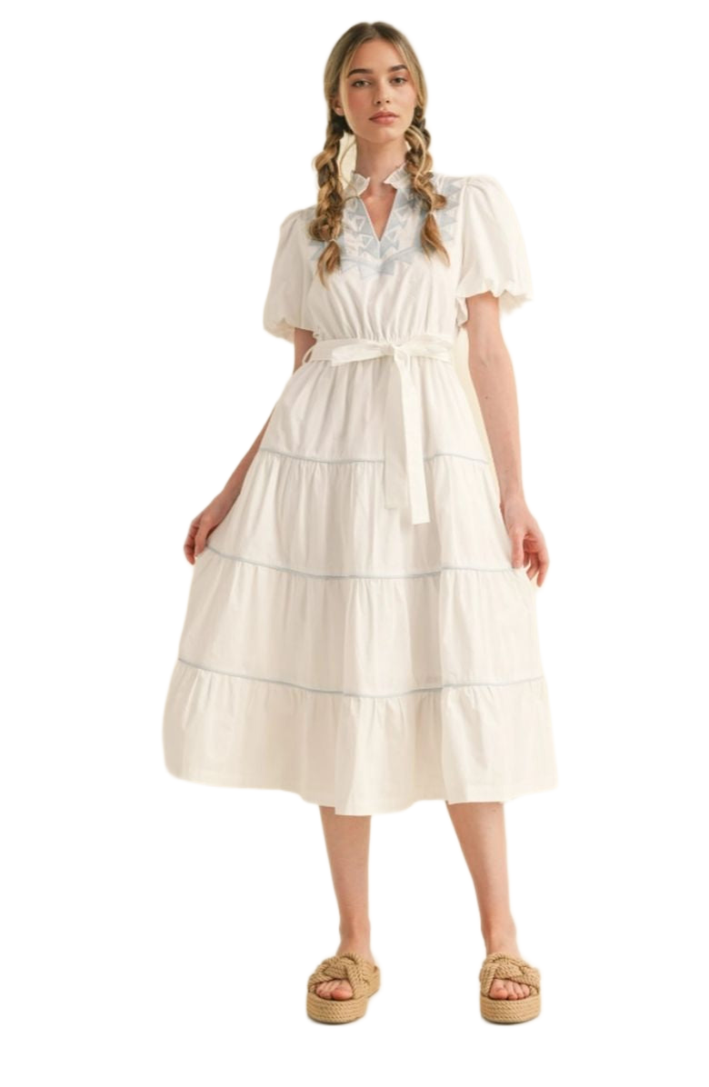 Knit and Lounge Embroidered Midi Dress with Puff Sleeves, Alternate, color,