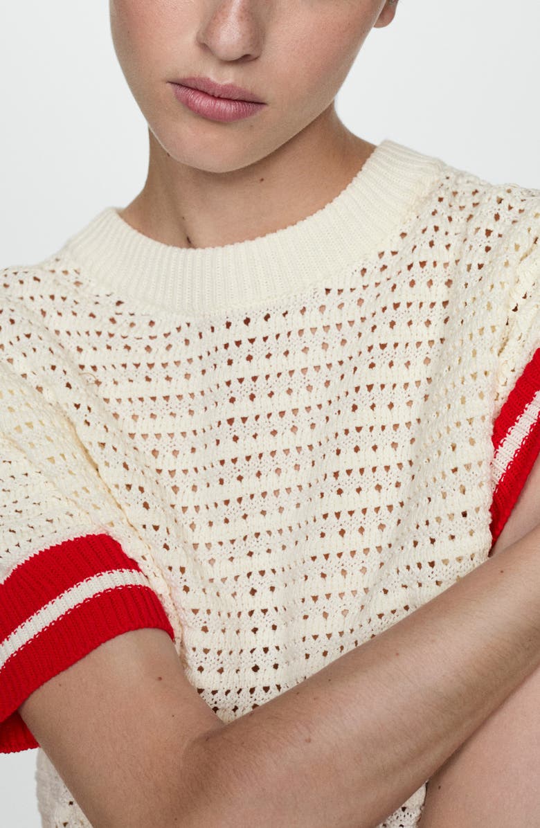 MANGO Stripe Trim Open Stitch Short Sleeve Sweater, Alternate, color,