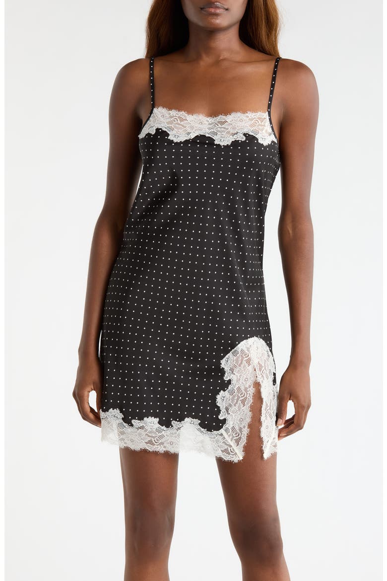 Lace Trim Satin Chemise, Main, color, BLACK- IVORY POLKA DOT