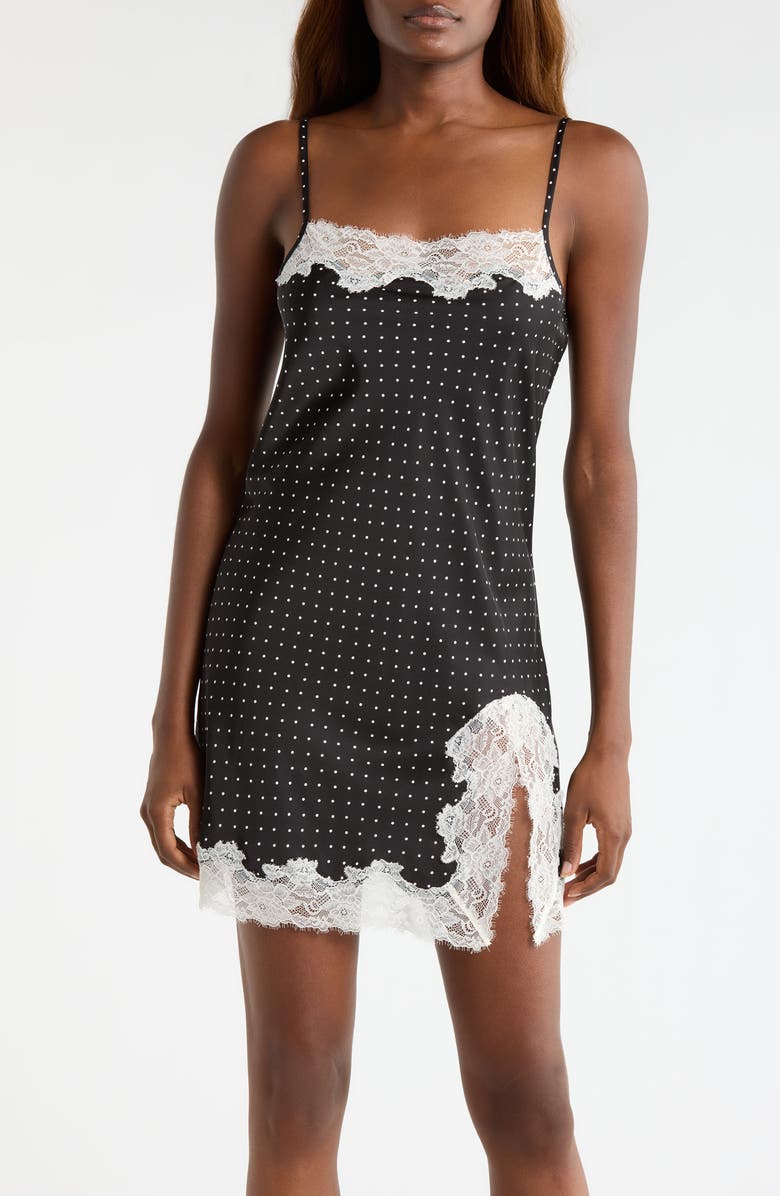 Open Edit Lace Trim Satin Chemise, Main, color, Black- Ivory Polka Dot