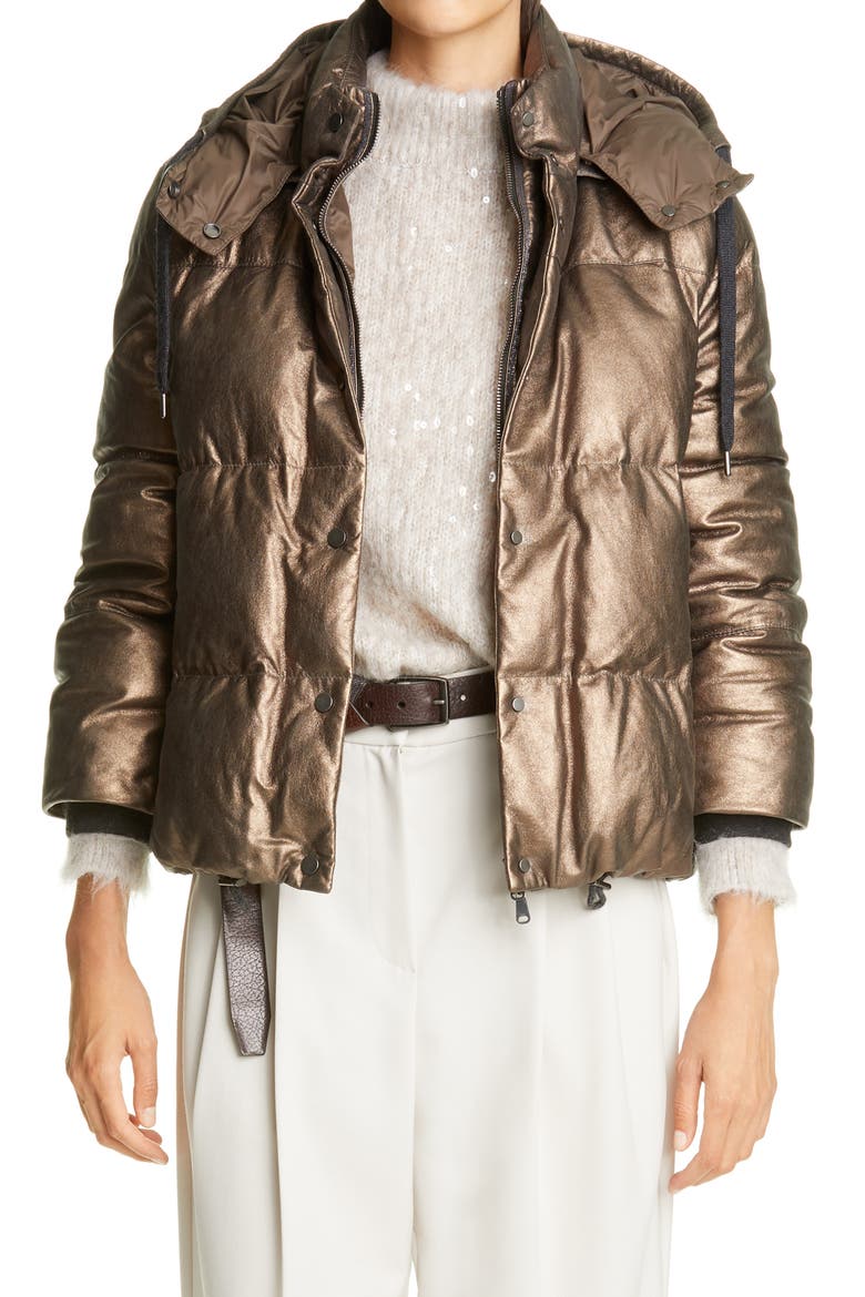 Metallic Suede Hooded Down Puffer Jacket, Main, color, BRONZE