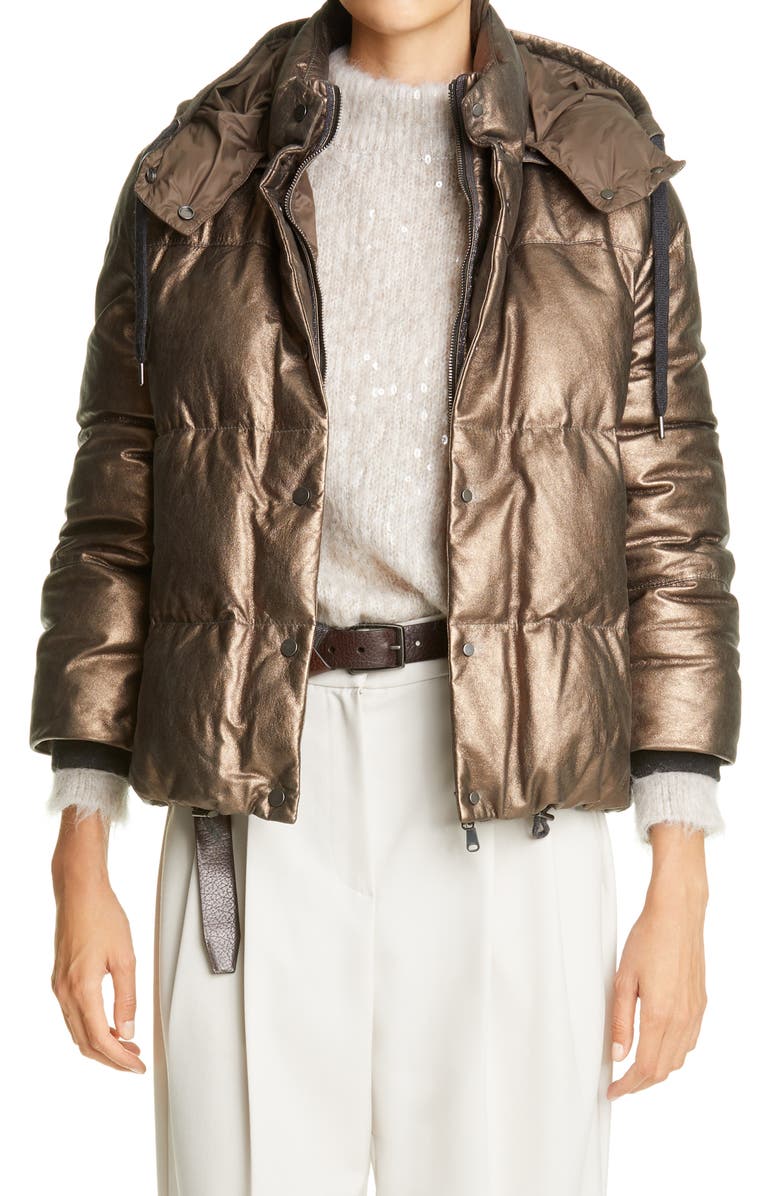 Brunello Cucinelli Metallic Suede Hooded Down Puffer Jacket, Main, color,