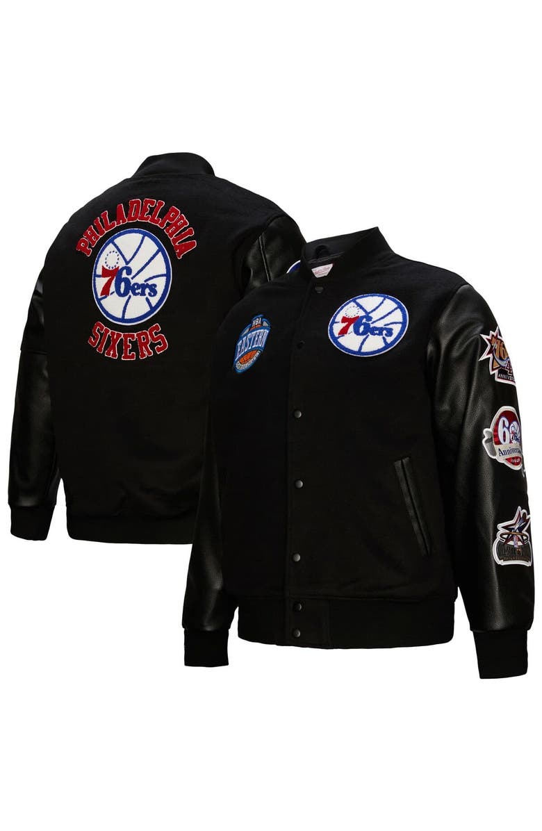 Mitchell & Ness Men's Mitchell & Ness  Black Philadelphia 76ers Hardwood Classics Blackout Collection Full-Snap Varsity Jacket, Alternate, color, 