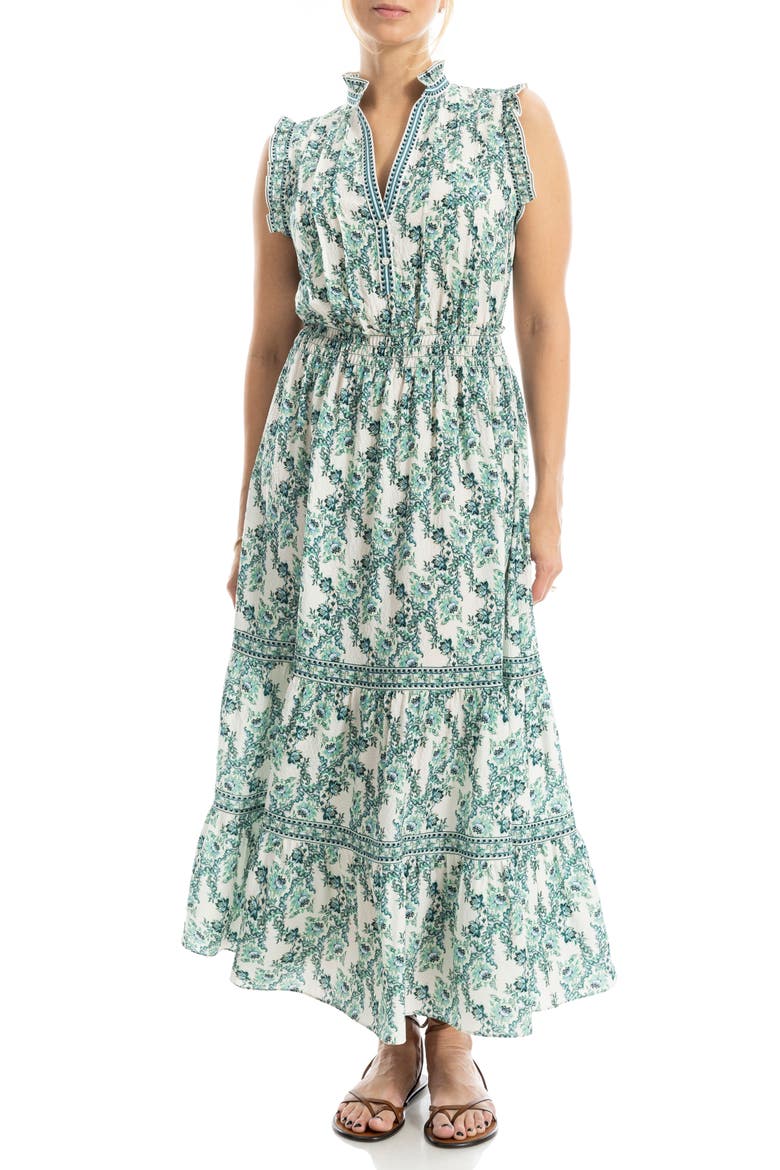 Floral Ruffle Sleeveless Tiered Maxi Dress, Alternate, color, CREAM/ GREEN MAGNOLIA WEAVE