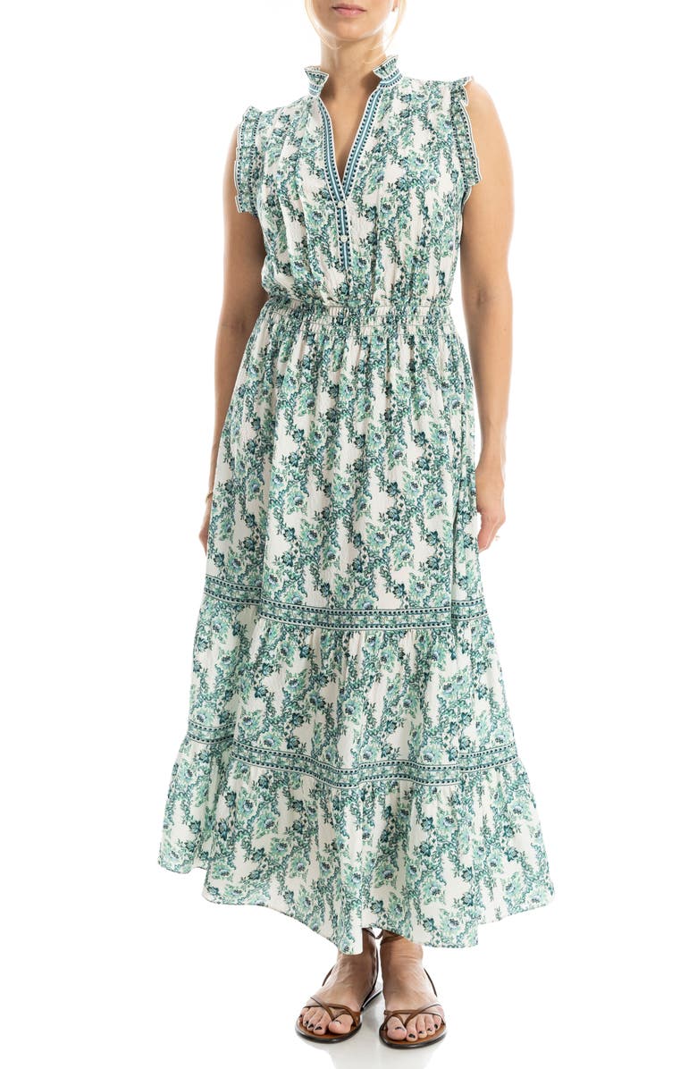 MAX STUDIO Floral Ruffle Sleeveless Tiered Maxi Dress, Alternate, color, Cream/ Green Magnolia Weave
