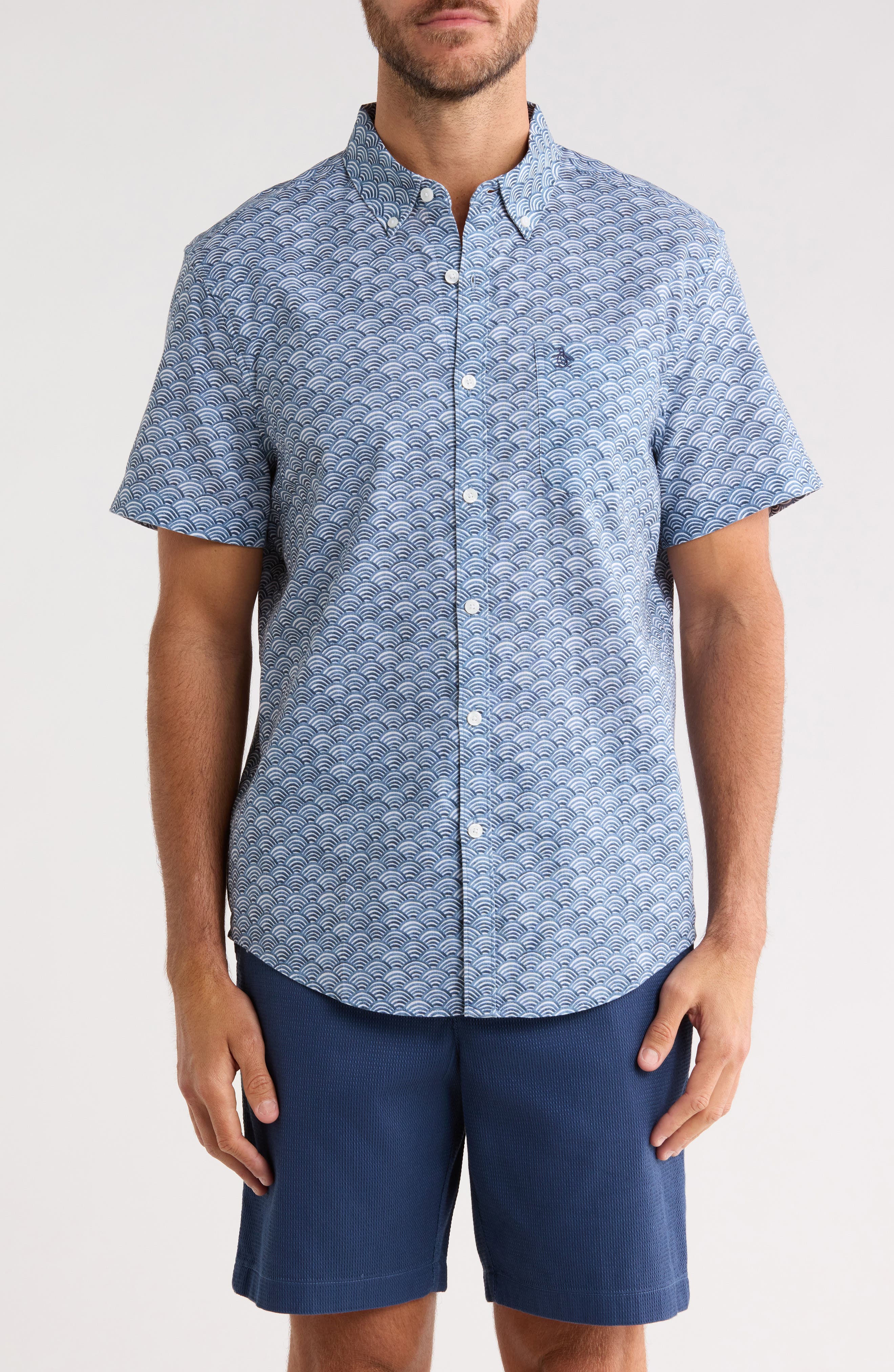 Original Penguin Wave Print Short Sleeve Linen & Cotton Blend Button-Down Shirt