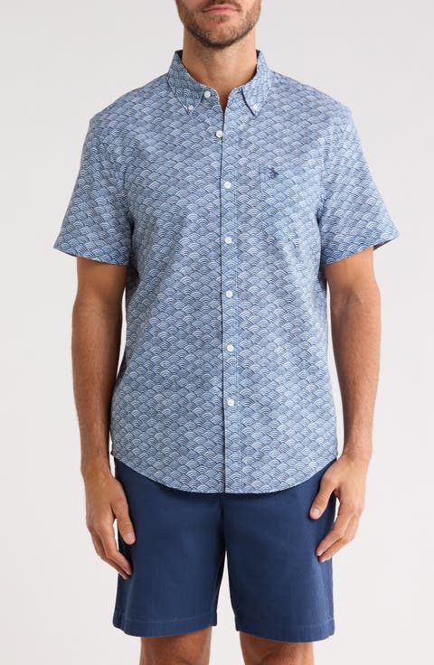 Wave Print Short Sleeve Linen & Cotton Blend Button-Down Shirt