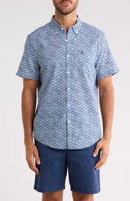 Original Penguin Wave Print Short Sleeve Linen & Cotton Blend Button-Down Shirt