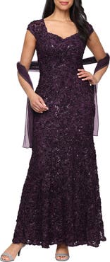 Alex Evenings Soutache Sequin Lace A-Line Gown with Wrap