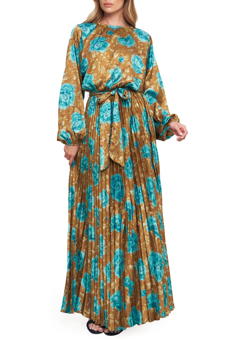 Long Sleeve Print Pleated Maxi Dress, Main, color, DIJON