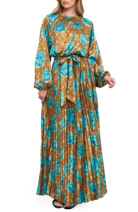 Long Sleeve Print Pleated Maxi Dress
