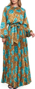 FLYING TOMATO Long Sleeve Print Pleated Maxi Dress