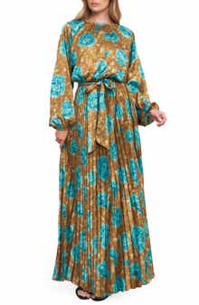 Long Sleeve Print Pleated Maxi Dress