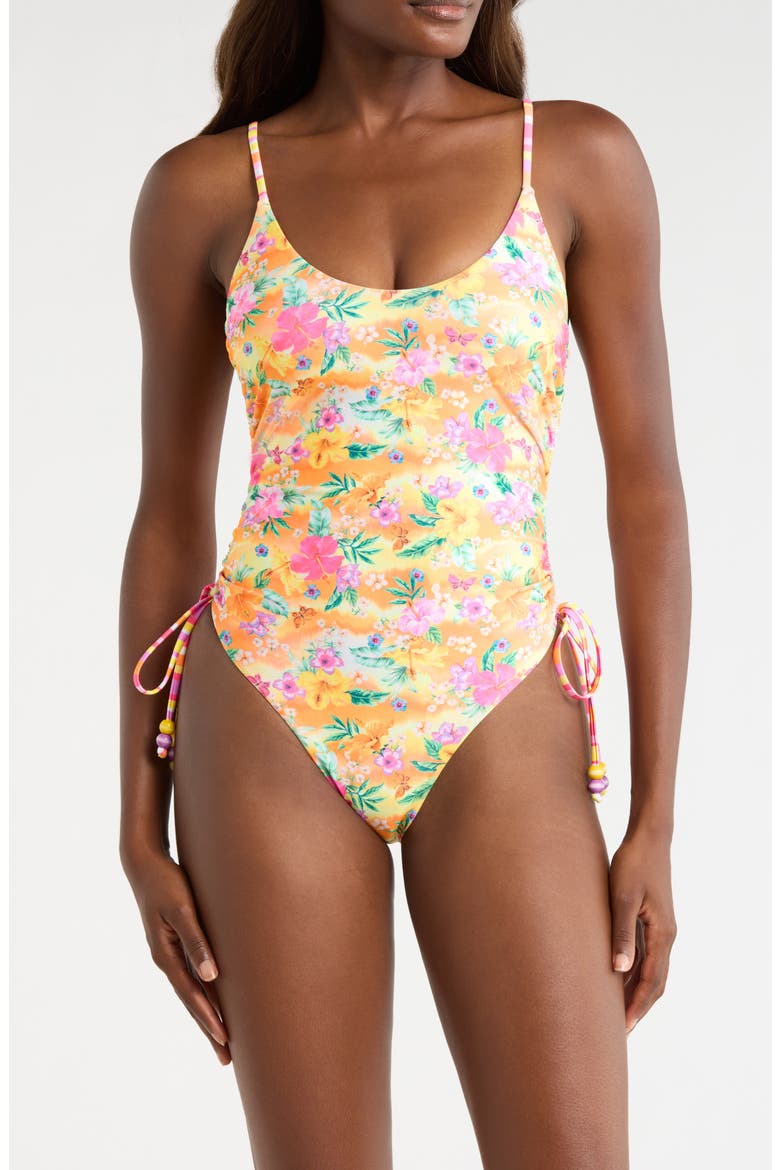 Cinched Tie One-Piece Swimsuit, Main, color, PEACHY POCKET