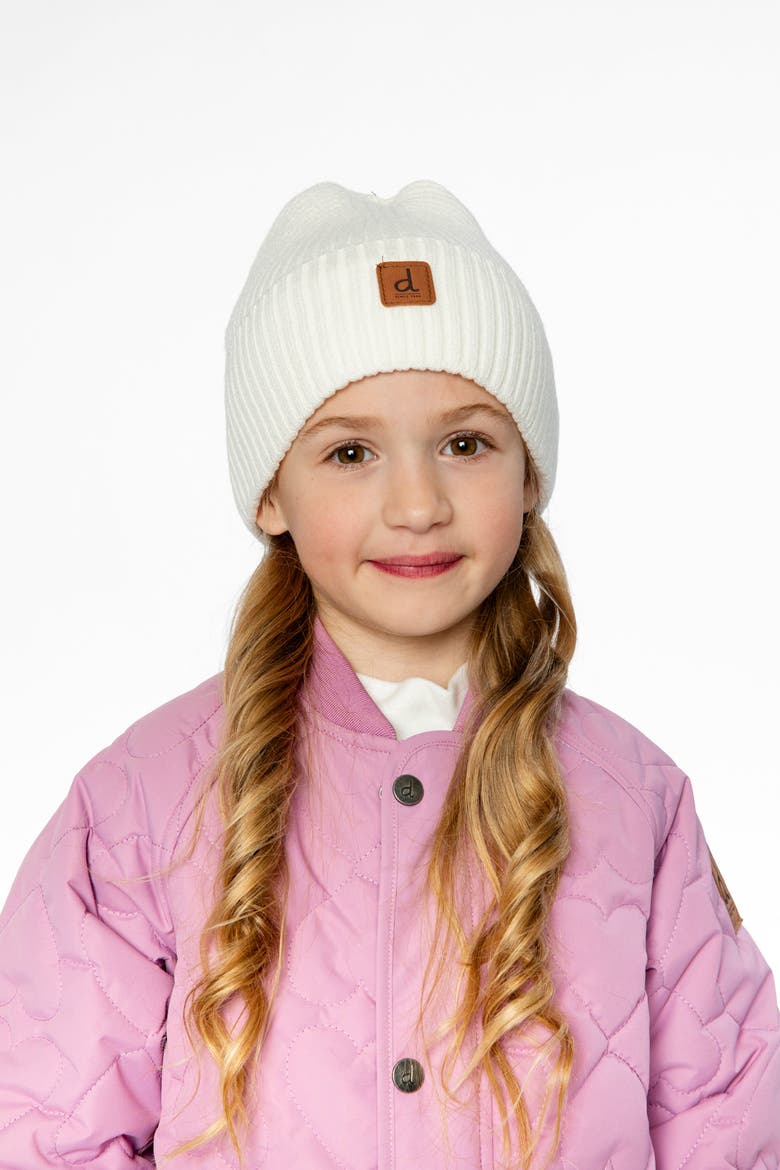 Ribbed Folded Cuff Faux Leather Patch Knit Hat, Alternate, color, Off-White