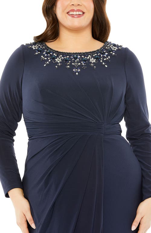 Mac Duggal Long Sleeve Embellished Neckline Jersey Gown In Blue