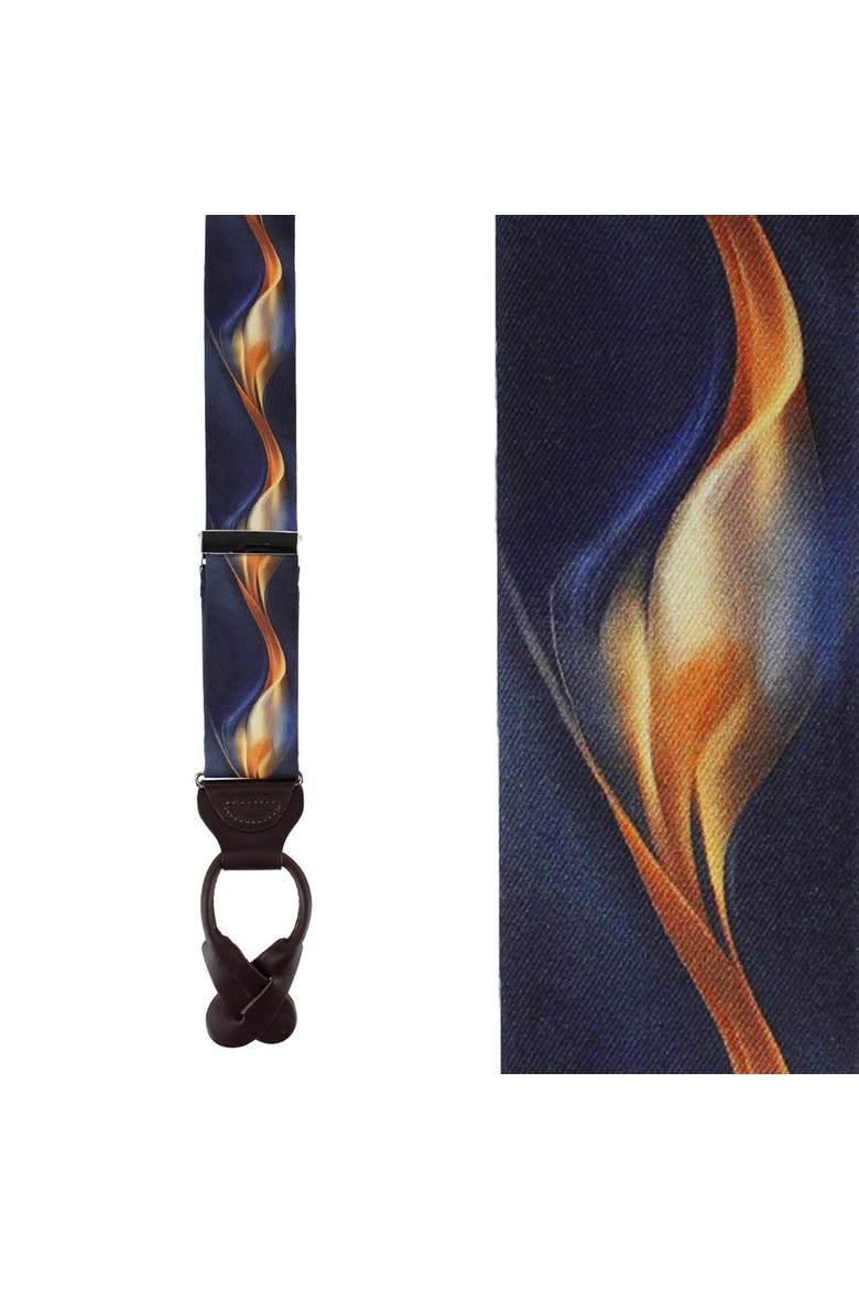 Atticus Blue and Gold Billow Silk Button End Suspenders, Main, color, Navy Blue and Gold