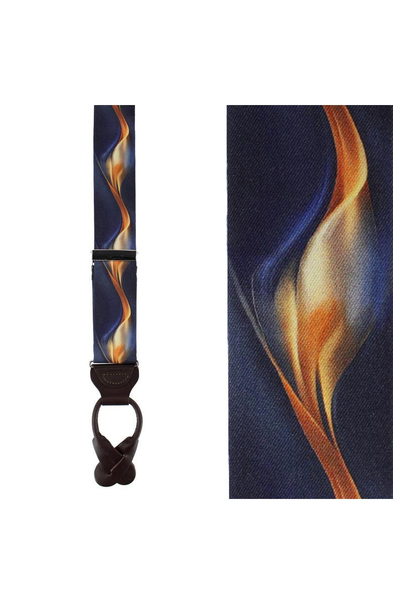 Trafalgar Atticus Blue and Gold Billow Silk Button End Suspenders, Main, color, Navy Blue And Gold