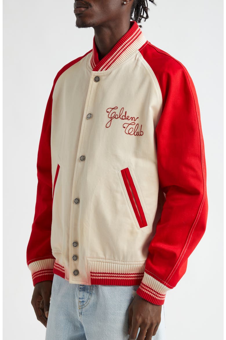 Journey Cotton Twill Varsity Jacket, Alternate, color, SHORTBREAD/ HAUTE RED