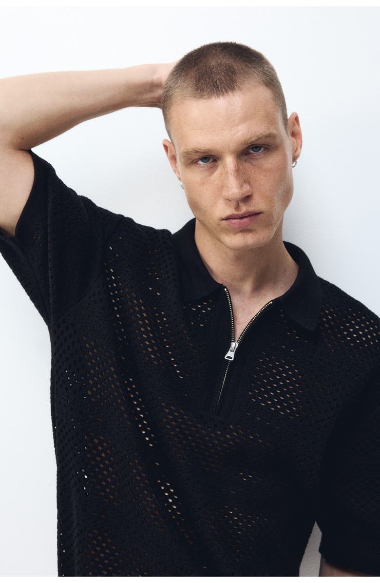 H&M Relaxed Fit Hole-knit Polo Shirt, Alternate, color, Black