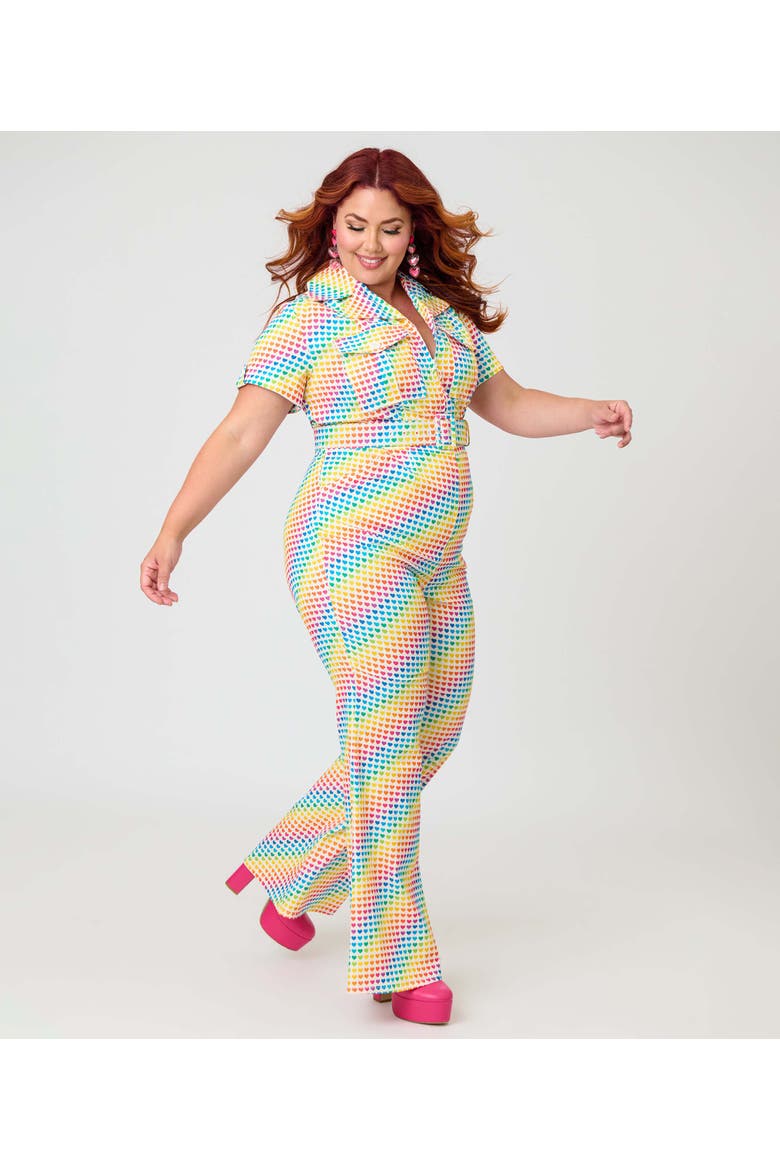 Plus Size Retro Flare Jumpsuit, Alternate, color, Yellow Rainbow Heart Print