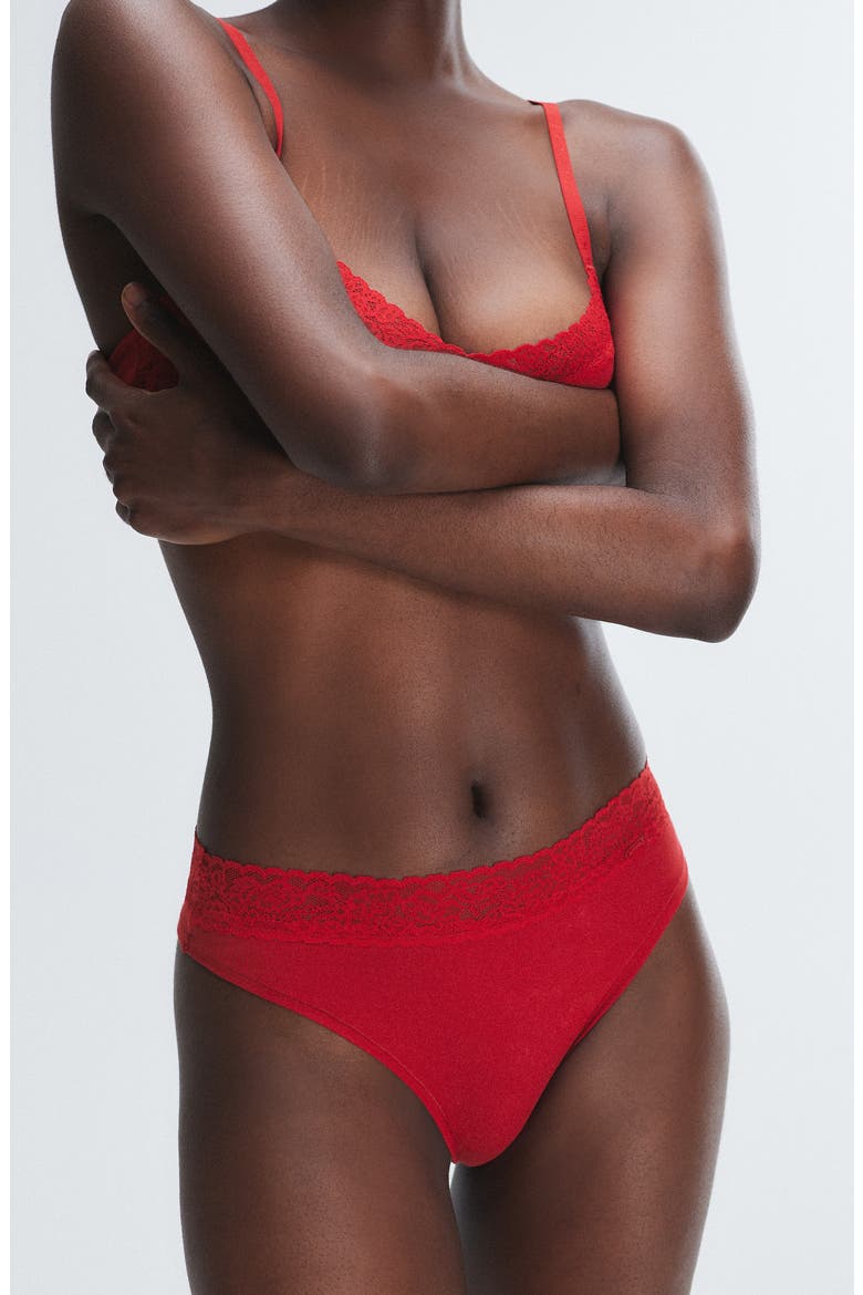 Essentials Lace Trim Stretch Cotton Thong, Alternate, color, TIMELESS RED