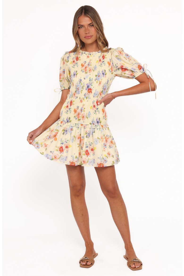 Kaelyn Floral Smocked Bodice Drop Waist Cotton Minidress, Alternate, color, YELLOW FLORAL