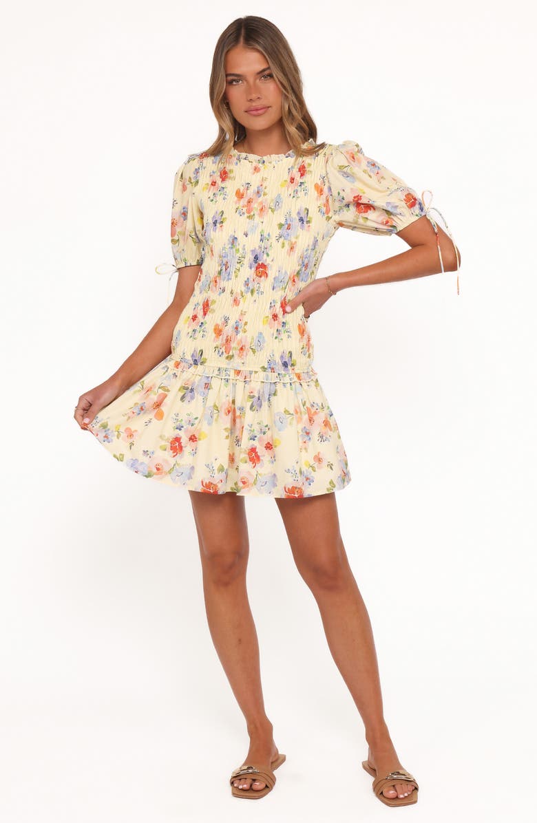 Petal & Pup Kaelyn Floral Smocked Bodice Drop Waist Cotton Minidress, Alternate, color, Yellow Floral