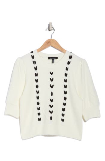 Ellen Tracy Embroidered Short Sleeve Crop Sweater In White