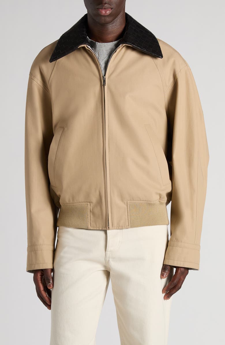 Bottega Veneta Fluid Cotton Twill Blouson Jacket with Detachable Intrecciato Leather Collar, Main, color,