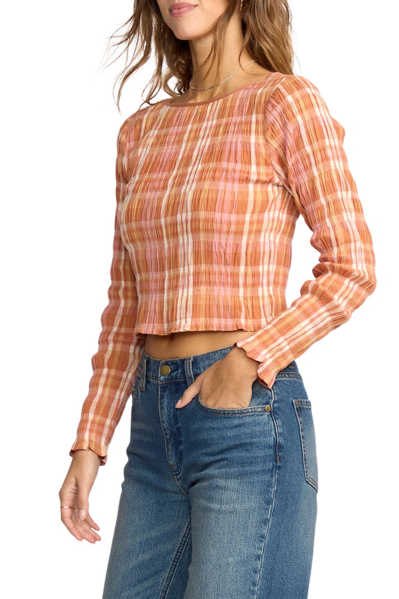 Check Me Out Plaid Smocked Crop Stretch Cotton Top, Alternate, color, SUNBURNT