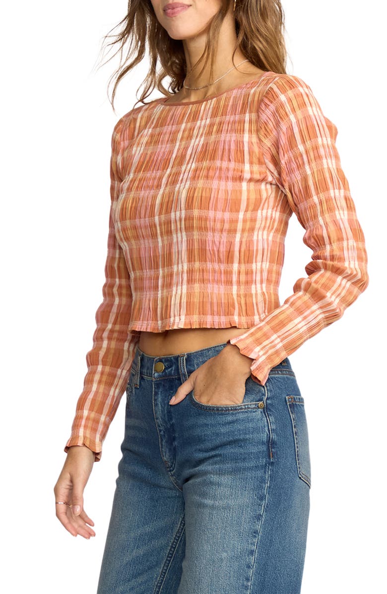 Billabong Check Me Out Plaid Smocked Crop Stretch Cotton Top, Alternate, color, Sunburnt