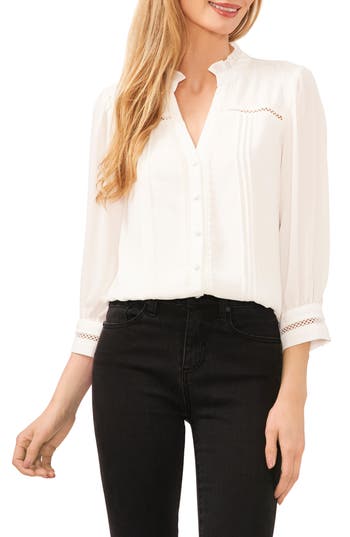 Cece Pintuck Ruffle Button-up Top In New Ivory