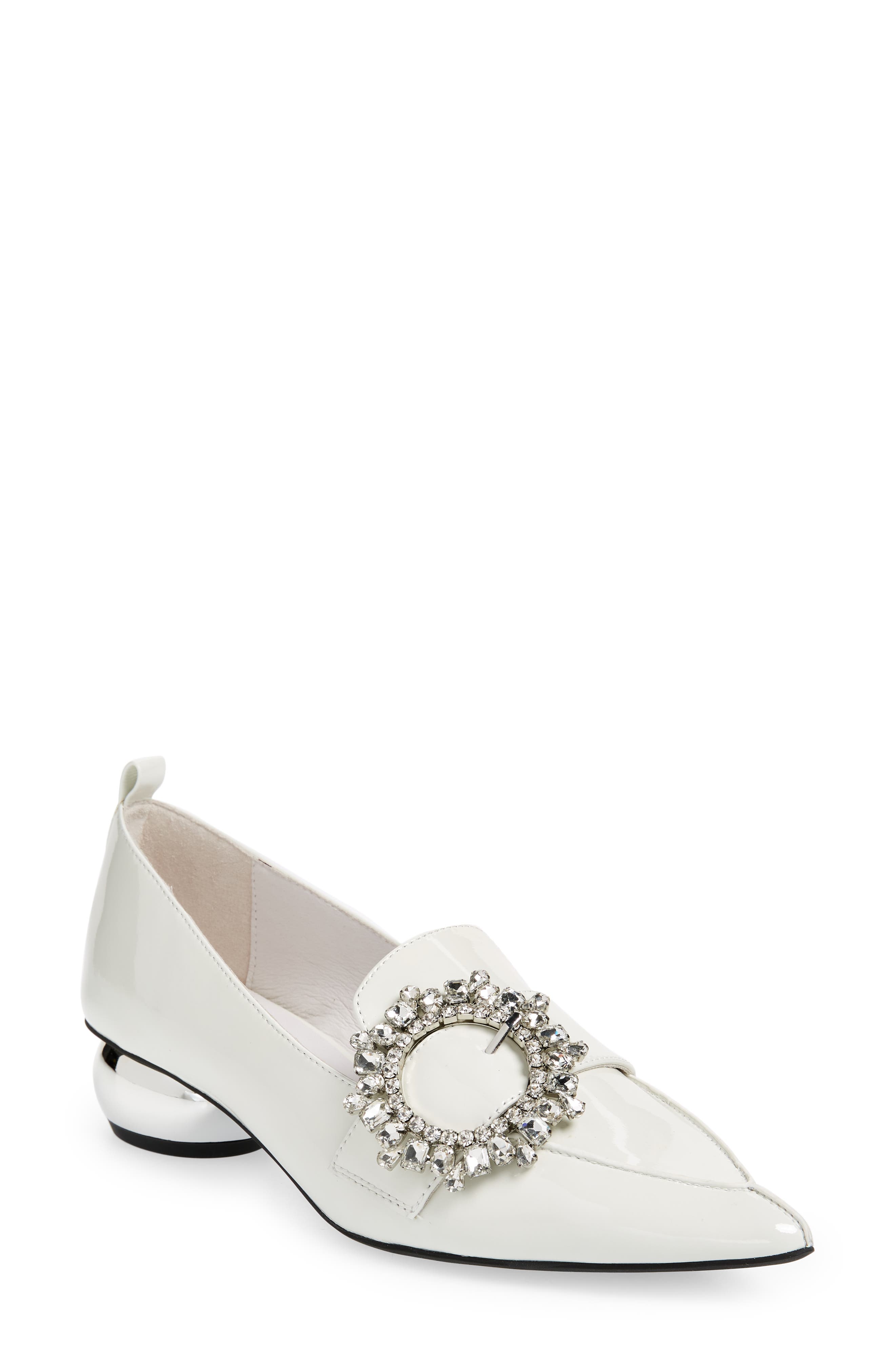 Viona Crystal Buckle Pump, Main, color, BEIGE CRINKLE PATENT CLEAR