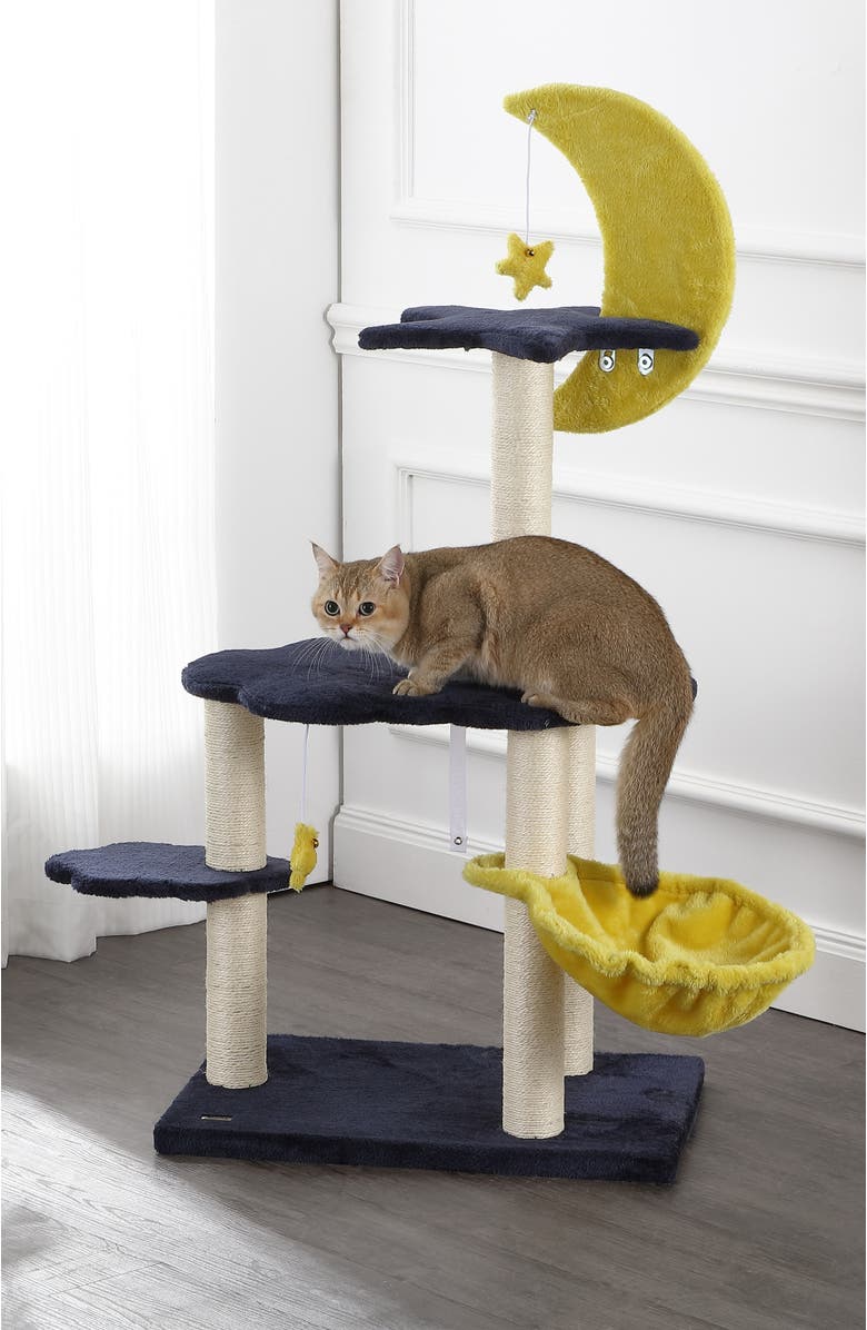 The Licker Store Aurora 49" 3-Tier Modern Sisal Moon And Stars Cat Tree with Scratching Posts, Alternate, color, Navy/Yellow/White