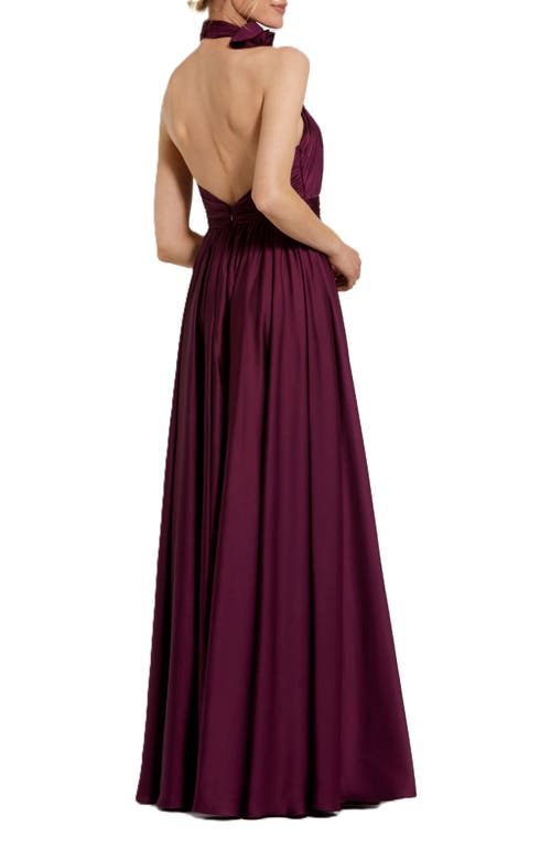 Mac Duggal Rosette Halter Chiffon Evening Gown In Eggplant