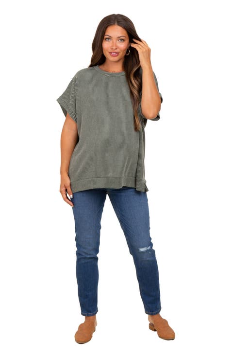 Solid Ribbed Short Sleeve Oversized Tunic Top