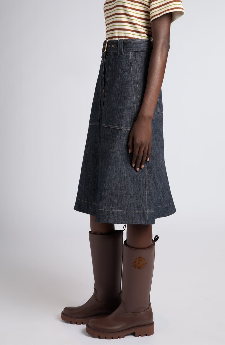Moncler Belted Denim Midi Skirt, Alternate, color, Blue