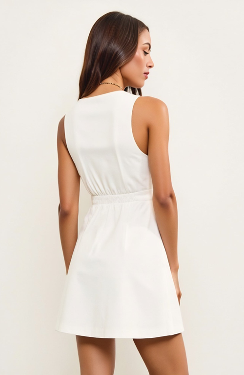 Modenaire V-neck Sleeveless Button Front Mini Dress With Contrast Trim