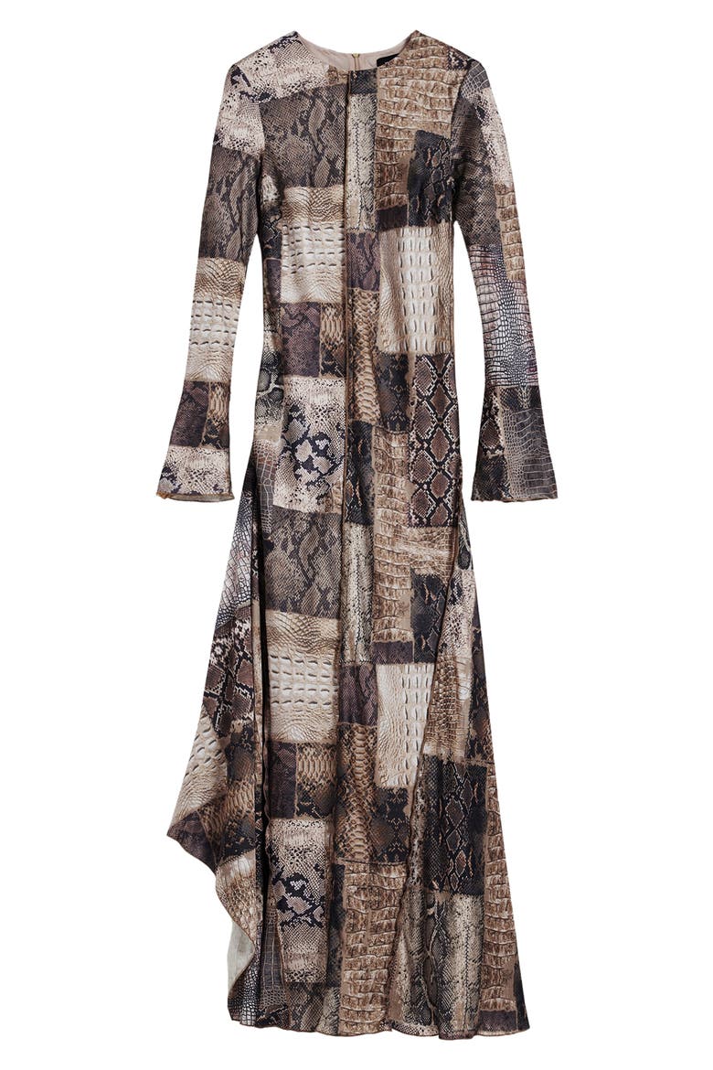 Snake Print Patchwork Long Sleeve Midi Dress, Alternate, color, BROWN