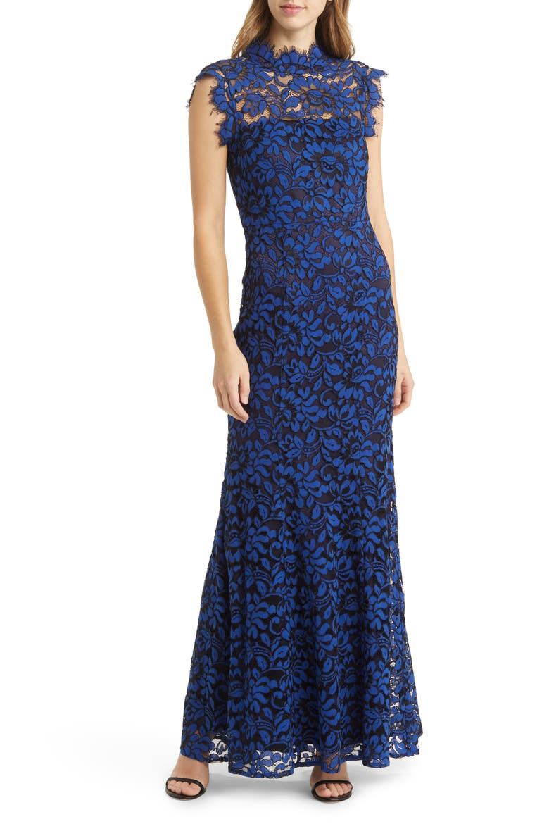 Illusion Mock Neck Open Back Sleeveless Gown, Main, color, NAVY