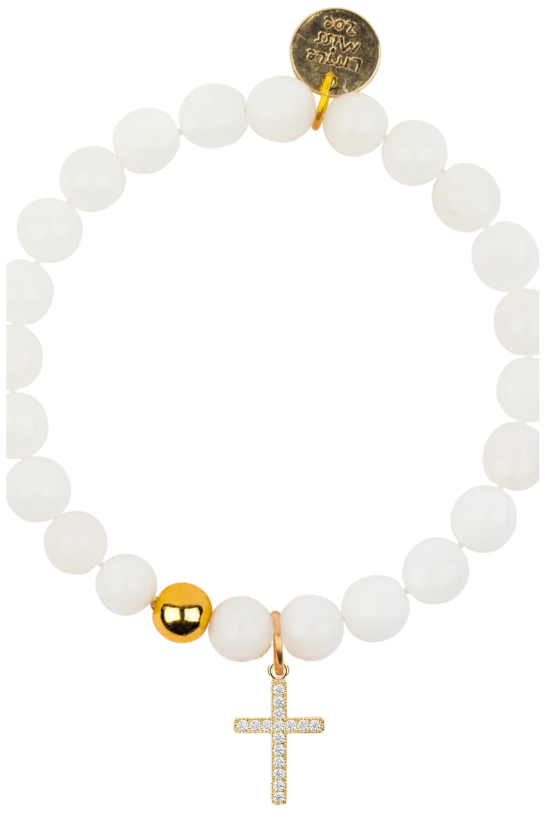 Semi-Precious Gemstone Cross Charm Bracelet in Gift Pouch, Alternate, color, White