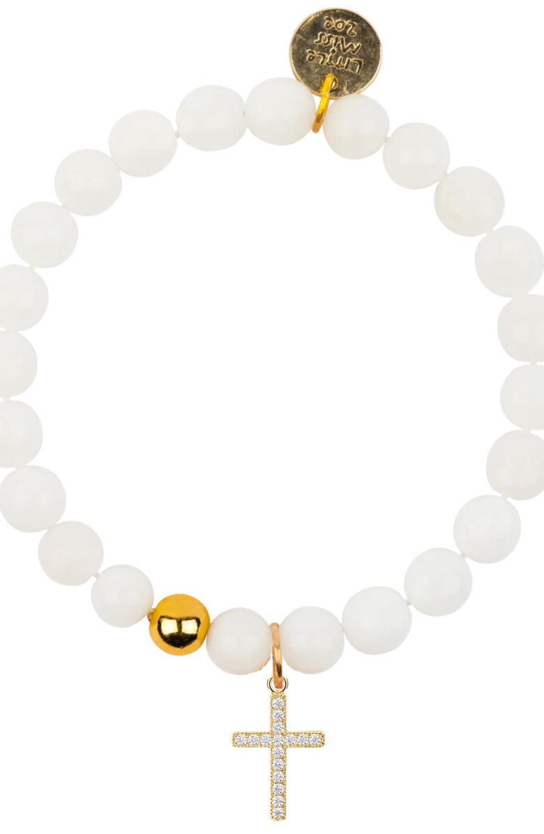 Little Miss Zoe Semi-Precious Gemstone Cross Charm Bracelet in Gift Pouch, Alternate, color, White