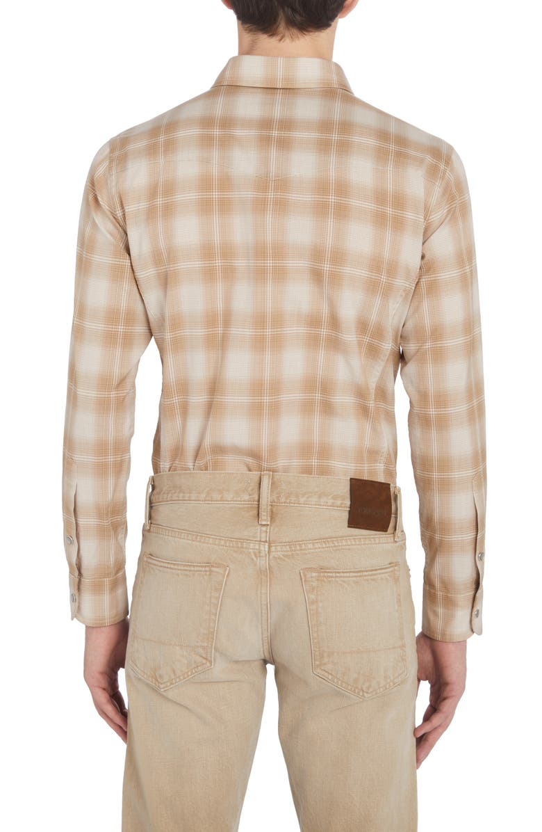 TOM FORD Dégradé Plaid Brushed Cotton Snap-Up Western Shirt, Alternate, color, Combo Sand