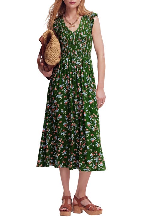 Smocked Jersey Midi Dress