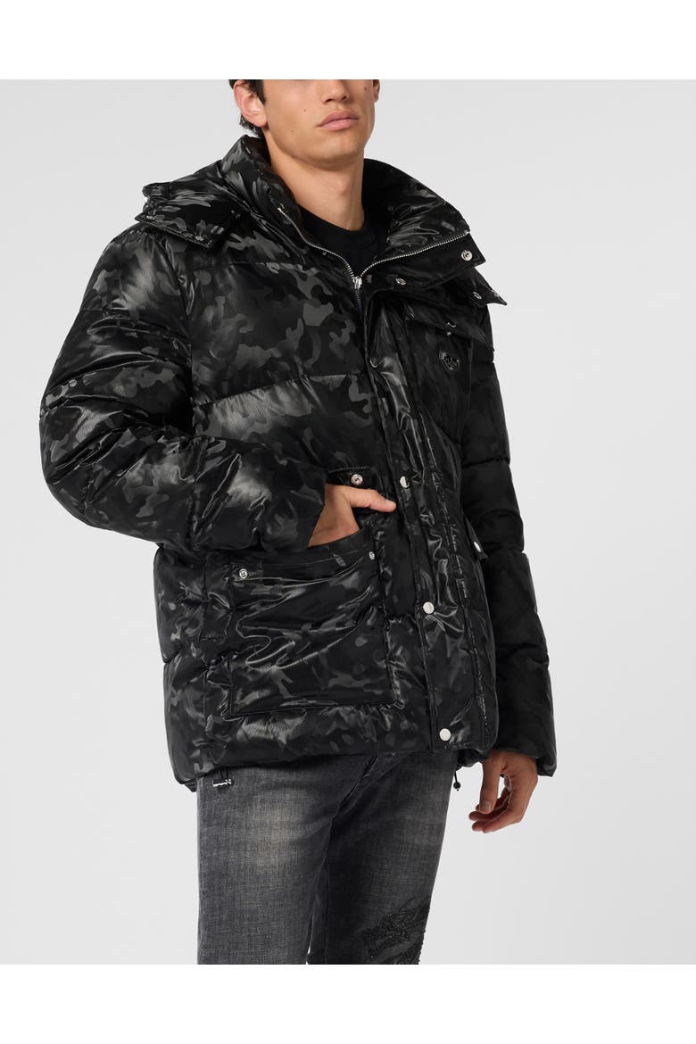 Shiny Nylon Puffer Jacket Camouflage Men, Main, color, black