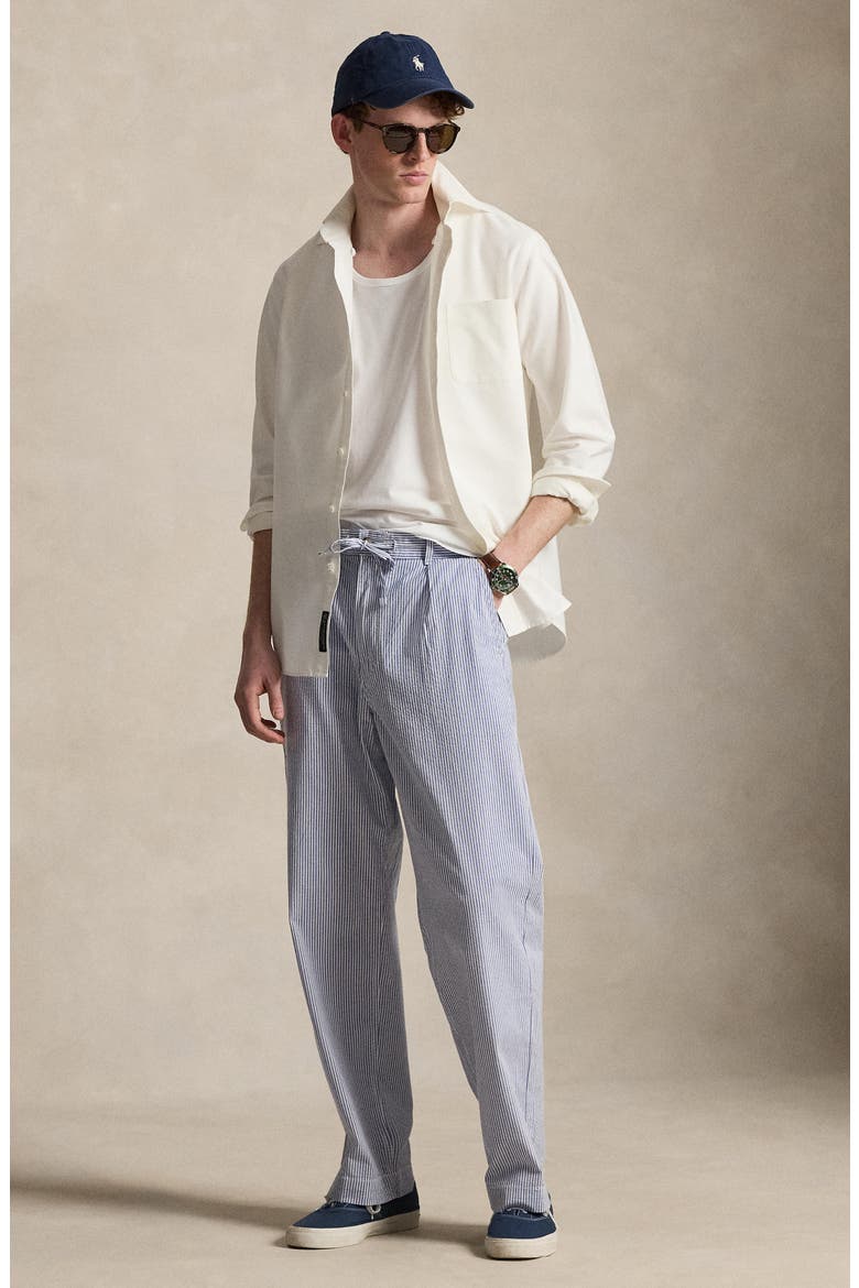 Prepster Relaxed Fit Easy Pleated Stretch Cotton Pants, Alternate, color, BLUE AND WHITE SEERSUCKER