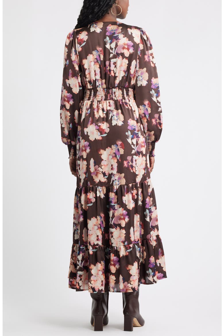 Smocked Cuff Long Sleeve Satin Maxi Dress, Alternate, color, BROWN FLOWER WASH