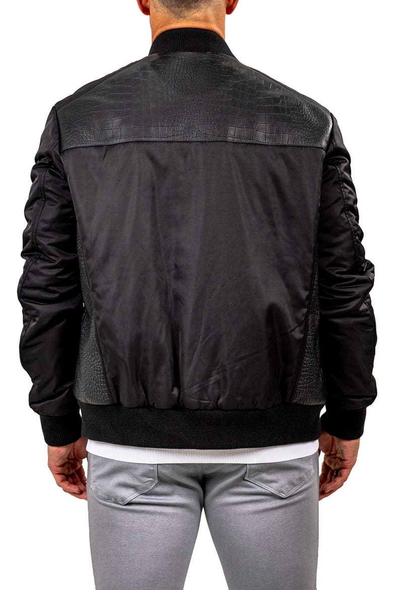 Croc Embossed Leather Bomber Jacket, Alternate, color, BLACK