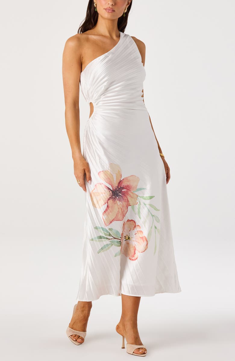 ASTR the Label Cameron Pleated One-Shoulder Midi Dress, Alternate, color, White Orange Floral